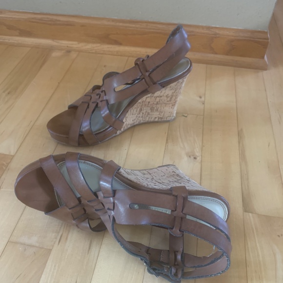 Strappy Leather Sandals with Wedge Cork Heel Brown Size 8 - Picture 2 of 5